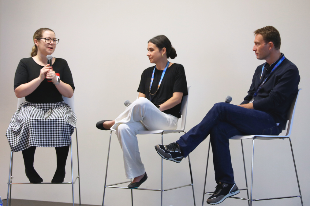 Emily Petroff, Director of External Relations at Perimeter Institute, Brigette Oakes, VP of Engineering at Firefly Aerospace, and David Louapre, AI Scientist at Hugging Face, at the Communitech Breakfast panel on how a physics mindset fuels bold innovation.