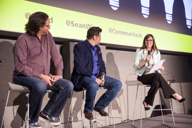 (Left to right) Brad Feld and Sean Wise discuss their book, Startup Opportunities, with Plasticity Labs co-founder Jennifer Moss. (Communitech photo: Meghan Kreller)