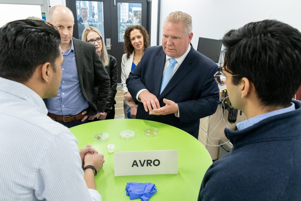 Premier Doug Ford meets the team from Avro Life Science, a Velocity startup that has developed a new type of transdermal drug delivery patch.