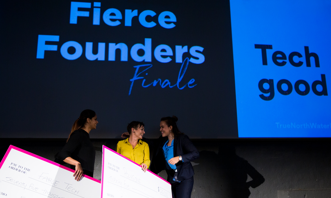 The three winners of the fierce founders pitch competition speaking onstage