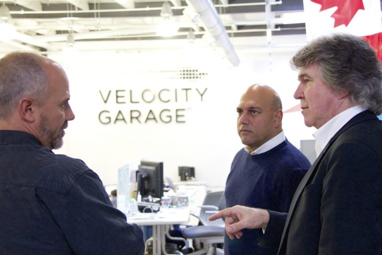 Communitech CEO Iain Klugman with Salim Ismail and David Fransen, a University of Waterloo Special Advisor, in uWaterloo’s Velocity Garage