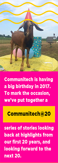 Communitech @20 banner featuring a goat with a birthday hat, the banner talks about reflecting Communitech's last 20 years and looking forward