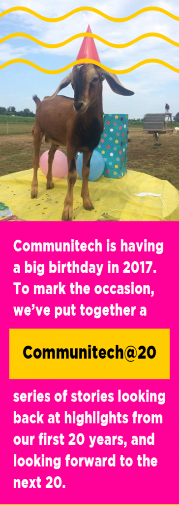 A picture of a goat with a party hat with the text: Communitech is having a big birthday party in 2017. To mark the occasion, we've put together a Communitech@20 series of stories looking back at highlights from our first 20 years, and looking forward to the next 20